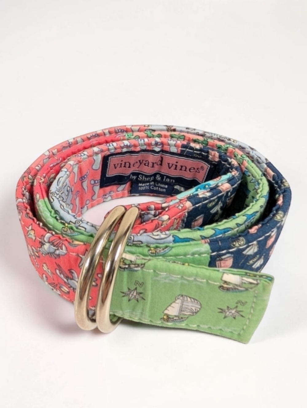 Vineyard Vines Patchwork Nautical D-Ring Belt Lobster Sailboat Cotton Size S